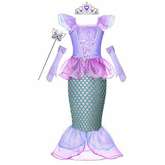 Picture of Princess Ariel Costume Little Girls Mermaid Dress Up Clothes Purple Fancy Outfit with Tiara Wand Mace Gloves Accessories Set for Toddler Kids Halloween Cosplay Birthday Party Size 7-8 Years