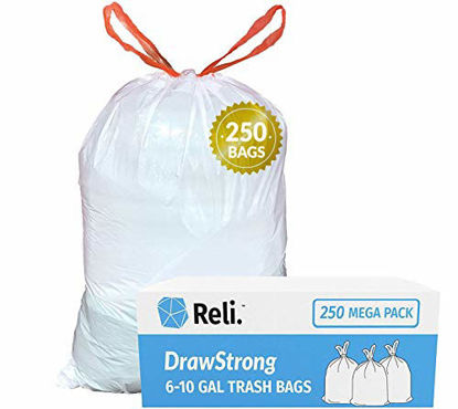 Picture of Reli. 8-10 Gallon Trash Bags Drawstring | 250 Count | 22"x23" | 6, 8, 10 Gallon Drawstring Garbage Bags | White Trash Can Liners | Small - Medium Bags
