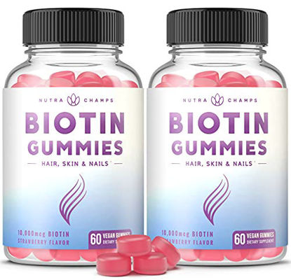 Picture of (2 Pack) Biotin Gummies 10,000mcg [Highest Potency] for Healthy Hair, Skin & Nails for Adults & Kids - 5000mcg in Each Gummy Vitamin - Vegan, Non-GMO, Pectin-Based Hair Growth Supplement