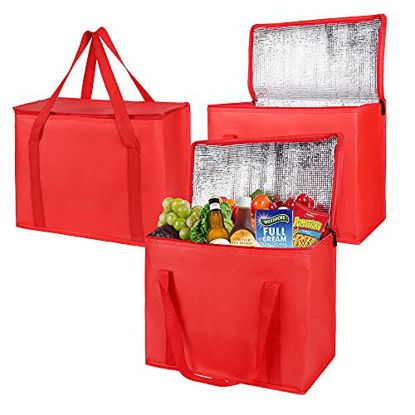 Picture of 3-Pack XL-Large Insulated Grocery shopping bags, Red, Reusable, Heavy Duty, zipped zipper,Collapsible,tote,cooler,for men,women,for instacart,for doordash,for car,Recycled Material bag