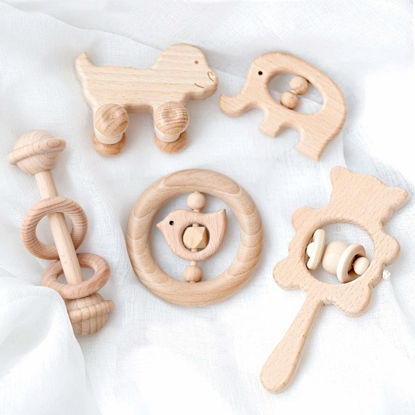 Picture of Promise Babe Natural Wooden Teether Rattles Gym Intellectual Puzzle Toys 5pc Set Montessori Toys
