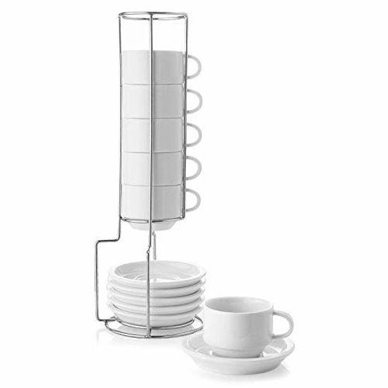 Picture of Sweese 404.001 Porcelain Stackable Espresso Cups with Saucers and Metal Stand - 2.5 Ounce for Specialty Coffee Drinks, Latte, Cafe Mocha and Tea - Set of 6, White