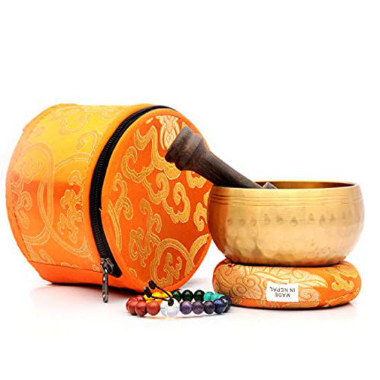 Authentic Tibetan Singing Bowl-Hand Crafted Chakra Healing Himalayan yoga bowl-perfect size-Comes with Mallet Cushion and Chakra Healing Stone Bracelet and carry case-Best for Healing and Meditation. 