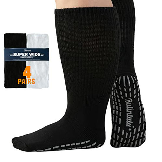 Picture of Bulinlulu Extra Wide Socks for Swollen Feet-4 Pairs Extra Wide Diabetic Socks for Men,Extra Wide Hospital Bariatric Socks Non Slip Edema Socks Women,Cast Socks Lymphedema Socks-White&Black