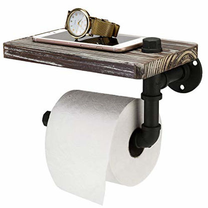Picture of MyGift 9.5 Inch Industrial-Style Wall-Mounted Pipe Toilet Paper Holder with Torched Wood Shelf