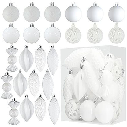 Picture of Prextex White Christmas Ball Ornaments for Christmas Decorations - 24 Pieces Xmas Tree Shatterproof Ornaments with Hanging Loop for Holiday and Party Decoration (Combo of 8 Ball and Shaped Styles)
