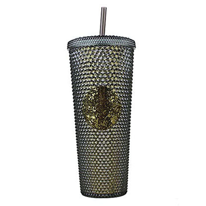 Picture of 24Oz Water Cup Straw Cup With lid And Straw With Leak Proof Lid Perfect Use For Iced Coffee Changing Reusable (Black Gold, 24oz DIY)