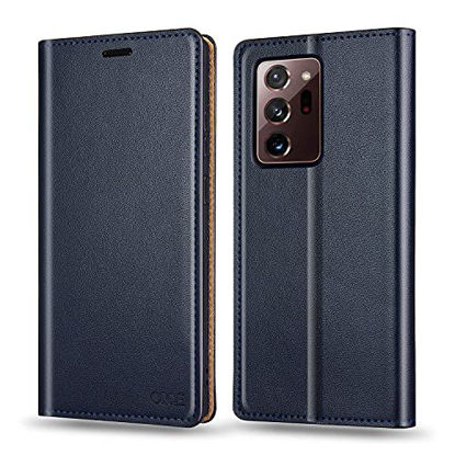 Picture of OQQE for Samsung Galaxy Note 20 Ultra 5G 6.9" Wallet CaseCowhide Genuine Leather Folio Flip Cover Shell Anti-Fall Shockproof TPU [RFID Blocking] Credit Card Holder [Kickstand Function] Folding,Blue