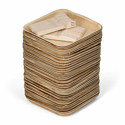 Picture of 25 Square Palm Leaf Plates + 50 Cutlery - Better Than Bamboo or Wood Plates. Heavy Duty, 100% Compostable & Biodegradable Eco Friendly Party Plates (10 inch (25 plates))