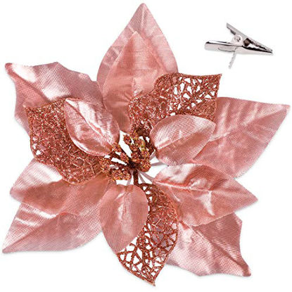 Picture of 15 Pieces Christmas Glitter Artificial Poinsettia Flowers Artificial Wedding Flowers Decorations Xmas Tree Ornaments with Clips (Rose Gold)