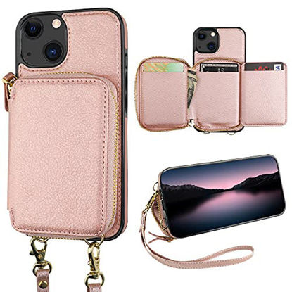 Picture of Bocasal RFID Blocking Wallet Case for iPhone 13, Adjustable Crossbody Zipper Purse Case Card Holder with Kickstand Detachable Wrist Strap, PU Leather Flip Folio Case 6.1 Inch 5G (Rose Gold)