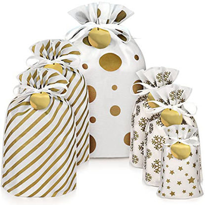 Picture of Christmas Bags for Gifts - 6 Christmas Gift Bags with Drawstring, Cloth Gift Bags Christmas Design with Satin Ribbon Drawstrings, Reusable Christmas Bags (Gold Gift Bags)