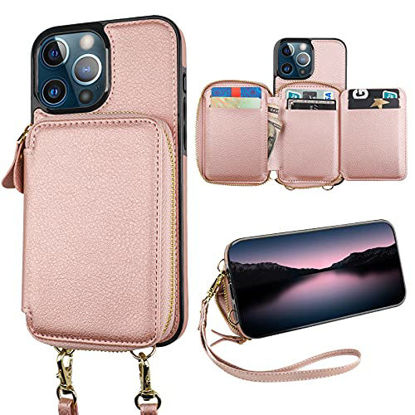 Picture of Bocasal RFID Blocking Wallet Case for iPhone 13 Pro Max, Adjustable Crossbody Zipper Purse Case Card Holder with Kickstand Detachable Wrist Strap, PU Leather Flip Folio Case 6.7 Inch 5G (Rose Gold)