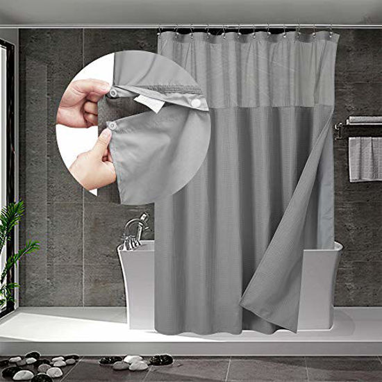 Picture of Extra Long Waffle Weave Shower Curtain with Snap-in Fabric Liner Set, 12 Hooks Included - 71" x 84", Hotel Style, Mesh Top Window, Machine Washable & Water-Repellent - 71x84, Gray