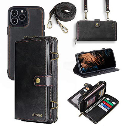Picture of Misscase Compatible with iPhone 13 Pro Max Wallet Case 2021,Multi-Function Wallet Case,2 in 1 Detachable Magnetic Wallet Case with Card Holder,PU Leather Flip Cover with Lanyard,13 Card Slots,Black