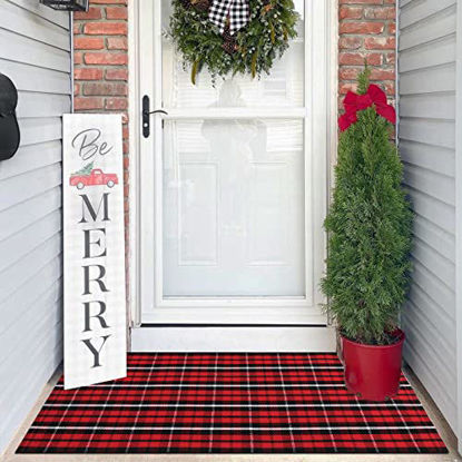 Picture of LEEVAN Cotton Buffalo Plaid Rugs 24"x 51" Checkered Gingham Christmas Rug Washable Woven Outdoor Porch Welcome Doormat for Layered Kitchen Farmhouse Bathroom Entryway Throw Carpet, Black and Red