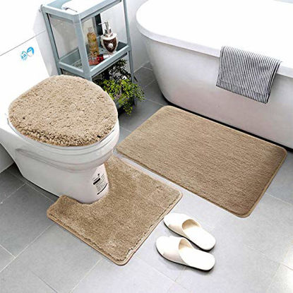 Picture of Smart Linen 3 Piece Bathroom Rug Set Includes Bath Rug, Contour Mat and Toilet Lid Cover, Machine Washable, Super Soft Microfiber & Non Slip Bath Rugs with Rubber Backing Solid (Purple)