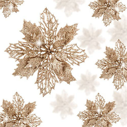 Picture of 12 Pcs Glitter Poinsettia Flowers Artificial - Christmas Champagne Poinsettia Decorations Tree Flowers Ornaments for Xmas/Holiday/Seasonal/Wedding Decor