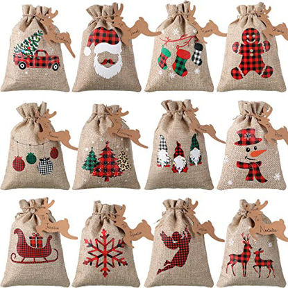 Picture of 24 Pieces Christmas Burlap Gift Bags Christmas Treat Bags with Drawstrings Small Christmas Gift Goody Bags for Xmas Holiday New Year Party Favors Supplies, 12 Designs, 7 x 5 Inches (Delicate Style)