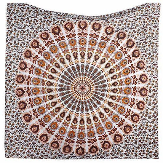 Picture of Indian hippie Bohemian Psychedelic Golden Blue Peacock Mandala Wall hanging Bedding Tapestry (Orange Brown, King (88x104Inches)(225x265Cms))