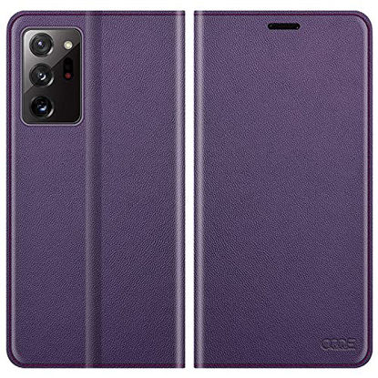 Picture of OQQE for Samsung Galaxy Note 20 Ultra 5G 6.9" Wallet CaseCowhide Genuine Leather Folio Flip Cover Shell Anti-fall Shockproof TPU [RFID Blocking] Credit Card Holder [Kickstand Function]Folding, Purple