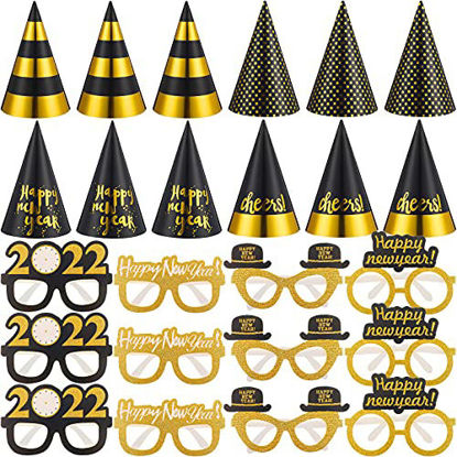 Picture of 24 Pieces New Years Eve Party Supplies 2022 New Years 2022 Glasses 2022 Black and Gold Party Hats for Happy New Year Gift New Year's Eve Party New Years Eve Accessories