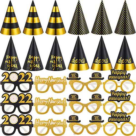 Picture of 24 Pieces New Years Eve Party Supplies 2022 New Years 2022 Glasses 2022 Black and Gold Party Hats for Happy New Year Gift New Year's Eve Party New Years Eve Accessories