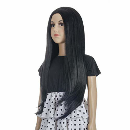 Picture of Morticia Long Straight Middle Parting Girls and Kids Halloween Costume Pretend Play Wig (Black)
