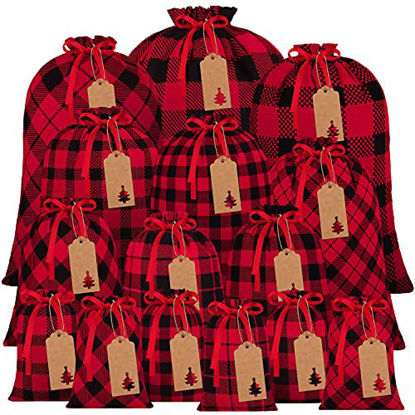 Picture of Aneco 15 Packs Christmas Buffalo Plaid Gift Bags with Drawstring Xmas Stocking Bags with 24 Pieces Kraft Tags for Gift Wrapping, Daily use, Assorted sizes