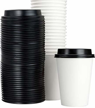 Picture of White 12 Oz Paper Coffee Cups With Recyclable Dome Lids, 100 Pk. BPA Free Disposable Drink Cup Set for Serving Hot Tea and Lattes at Kiosks, Shops, Cafes, or Concession Stand