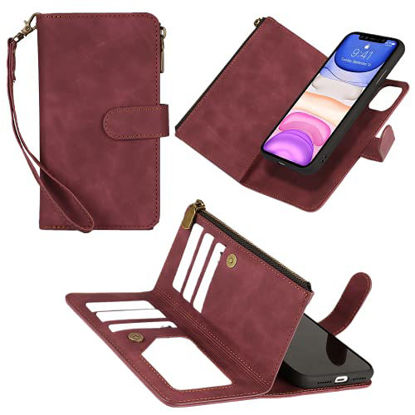 Picture of JWS-C iPhone 12 Pro Max Wallet Case Detachable 2in1 Magnetic Cover with Card Holder Slots Flip Wristlet Lanyard case for iPhone 12 Pro Max- Red Wine