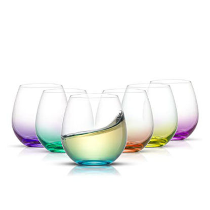 Picture of JoyJolt HUE Stemless Wine Glass Set. Large 15 oz Stemless Wine Glasses Set of 6. Short Wine Tumblers for White Wine Glasses, Red Wine Glasses, Water Glasses, No Stem Margarita Glasses, Colored Tumbler