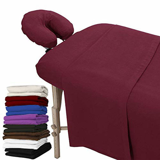 Picture of London Linens Extra Thick 3 Piece Set Massage Table Sheets Set - 100% Natural Cotton Flannel - Includes Massage Table Cover, Massage Fitted Sheet, and Massage Face Rest Cover (Burgundy)