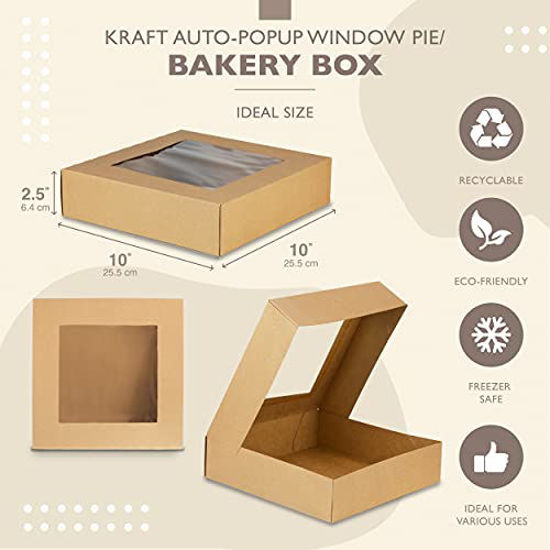 Picture of [25 Pack] Kraft Bakery/Pie Box with Window 10x10x2.5 inches - Auto-Popup Cardboard Gift Packaging for Cupcake, Cookies and Pastry, Restaurant Packaging Containers and Personalized Favors