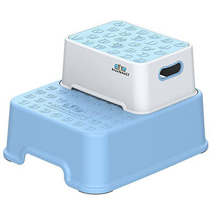 Picture of BlueSnail Double up Step Stool for Kids, Anti-Slip Sturdy Toddler Two Step Stool for Bathroom, Kitchen and Toilet Potty Training (Blue)