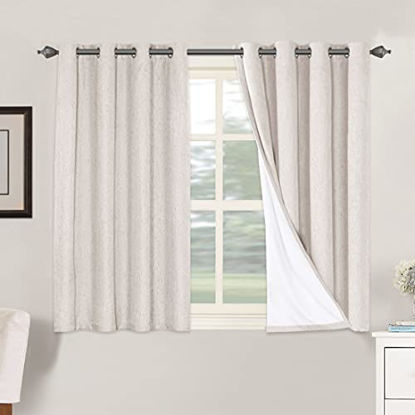Picture of Primitive Linen Curtains 100% Blackout Curtain Drapes Burlap Fabric Curtains with White Thermal Insulated Liner, Grommet Top Curtains Living Room/Bedroom (2 Panels, 52 x 45 Inch, Ivory)