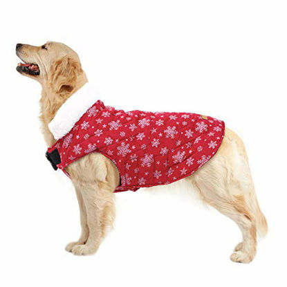 Picture of Kuoser Christmas Snowflake Cold Weather Dog Coat for Winter Reflective Reversible Dog Warm Fleece Jacket Waterproof Windproof Dog Vest with Furry Collar for Small Medium Large Dogs Red L