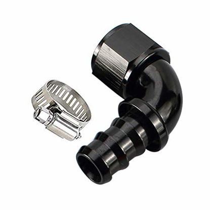 Picture of Black Aluminum 90 Degree -10 AN AN10 Swivel Female to barb 5/8" 5/8 inch 15.87mm One Piece Push Lock Push On Barb Hose End Full Flow Fitting, with American Type Clamp