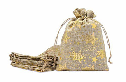 Picture of 12pk 12x16 Jute Burlap Linen Canvas Gift Bags with Drawstring for Presents, Party Favors, Samples (Golden Stars, X-Large) by TheDisplayGuys