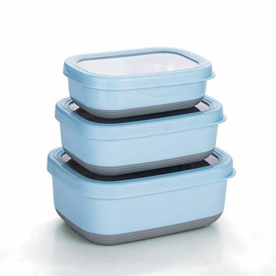 Picture of Lille Home Premium Stainless Steel Food Containers/Bento Lunch Box With Anti-Slip Exterior, Set of 3, 470ML, 900ML,1.4L, Leakproof, BPA Free, Portion Control, Blue