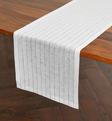 Picture of Solino Home Pinstripe 100% Linen Table Runner - 14 x 90 Inch, Natural Fabric - White & Black
