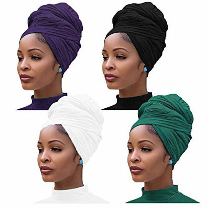 Picture of 4 Pieces Stretch Jersey Turban Head Wrap Knit Headwraps Urban Hair Scarf Solid Color Breathable Ultra Soft Extra Long Head Band Tie for Women