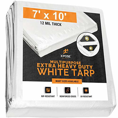 Picture of Heavy Duty White Poly Tarp 7' x 10' Multipurpose Protective Cover - Durable, Waterproof, Weather Proof, Rip and Tear Resistant - Extra Thick 12 Mil Polyethylene - by Xpose Safety