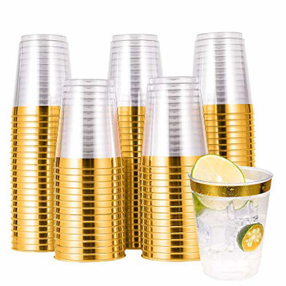 Picture of 100 PACK Gold Plastic Cups,10 Oz Clear Plastic Cups Tumblers, Elegant Gold Rimmed Plastic Cups, Disposable Cups With Gold Rim Perfect For Wedding,Thanksgiving Day, Christmas,Halloween Party Cups