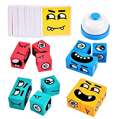 Picture of Wooden Face Changing Magic Cube Building Blocks Game Matching Expression Puzzle Toy Board Games for Family Night, Match Puzzles Geometric Emoji Toys for Kids and Adults