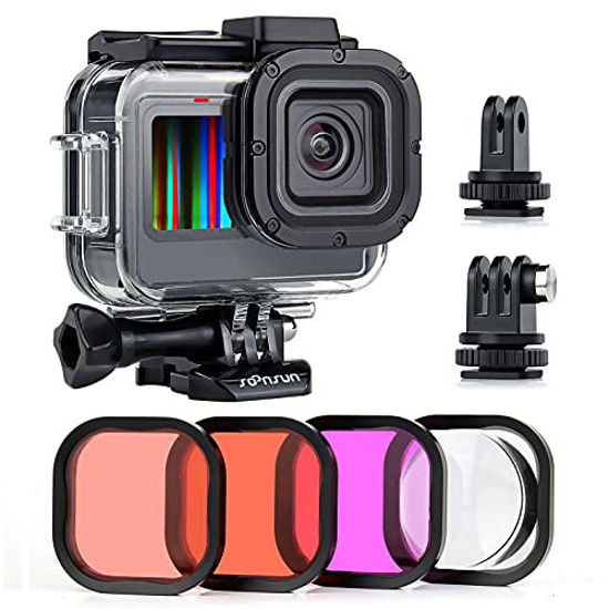 Picture of SOONSUN Waterproof Housing Case for GoPro Hero 10 9 Black with 4-Pack Diving Filter - 60M Underwater Diving Housing Built-in Dual Cold Shoe Slots with Red, Light Red, Magenta and 5X Macro Filters