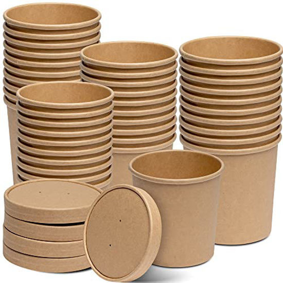 Picture of 16 oz. Paper Food Containers With Vented Lids, To Go Hot Soup Bowls, Disposable Ice Cream Cups, Kraft - 50 Sets