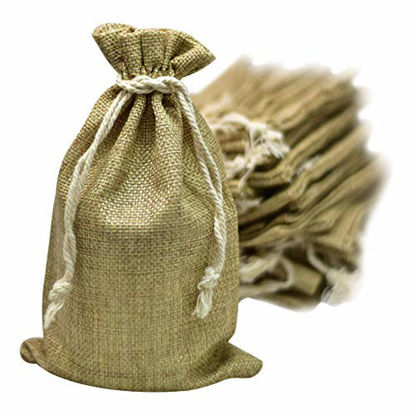 Picture of 50 Burlap Bags with Drawstring, 5x8 Inch (5x7 Internal) Gift Bag Bulk Pack - Wedding Party Favors, Jewelry and Treat Pouches (Brown)