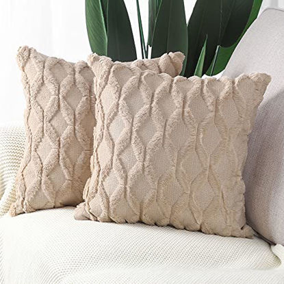Picture of MADIZZ Pack of 2 Soft Plush Short Wool Velvet Decorative Throw Pillow Covers Luxury Style Cushion Case European Pillow Shell for Bedroom Sofa Square Khaki 26x26 inch