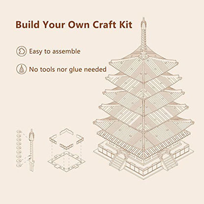 Picture of ROBOTIME 3D Puzzle Wooden Craft Kits for Adults DIY Model Building Kit Best Gift for Kids (Five-Storied Pagoda)